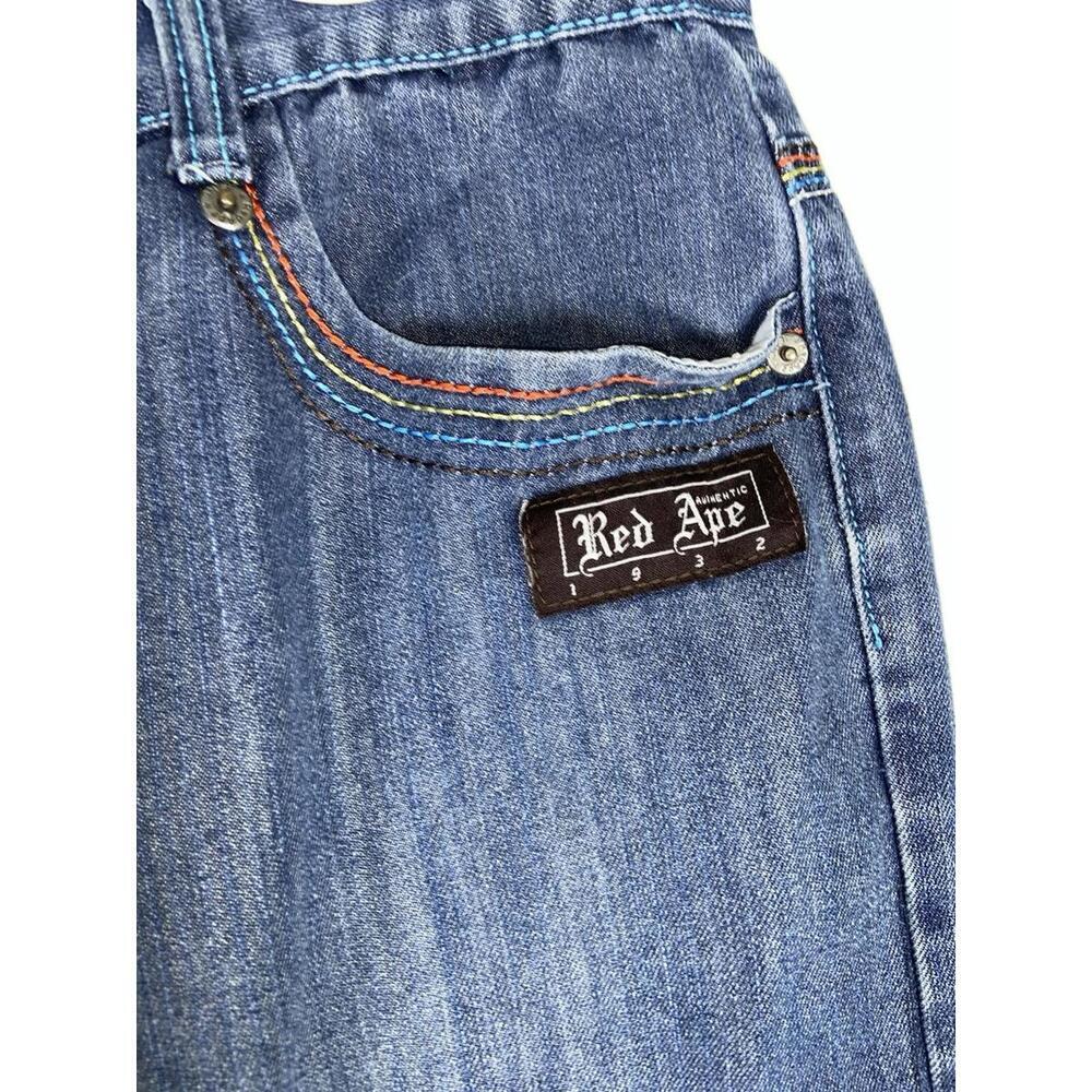 Vintage Y2K Red Ape Embroidered Denim Jean Shorts Size 38 Baggy Hip Hop Plaid - Picture 10 of 16